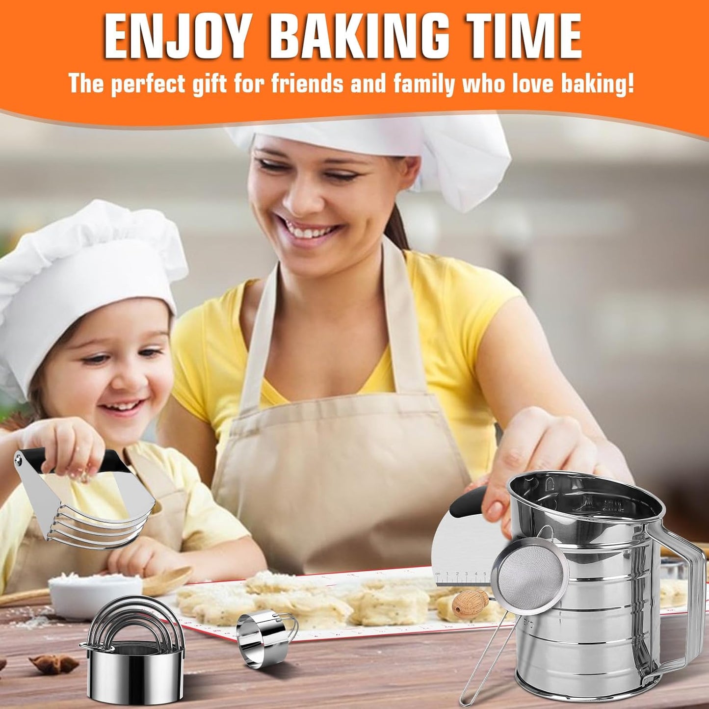 Biscuit Cutter Set,10Pcs Stainless Steel Pastry Blender Set with Pastry Cutter,5Pcs Biscuit Cutter,Dough Cutter,3 Cup Flour Sifter,Baking Mat and Fine Mesh Strainer for Cooking Cookies and Donuts