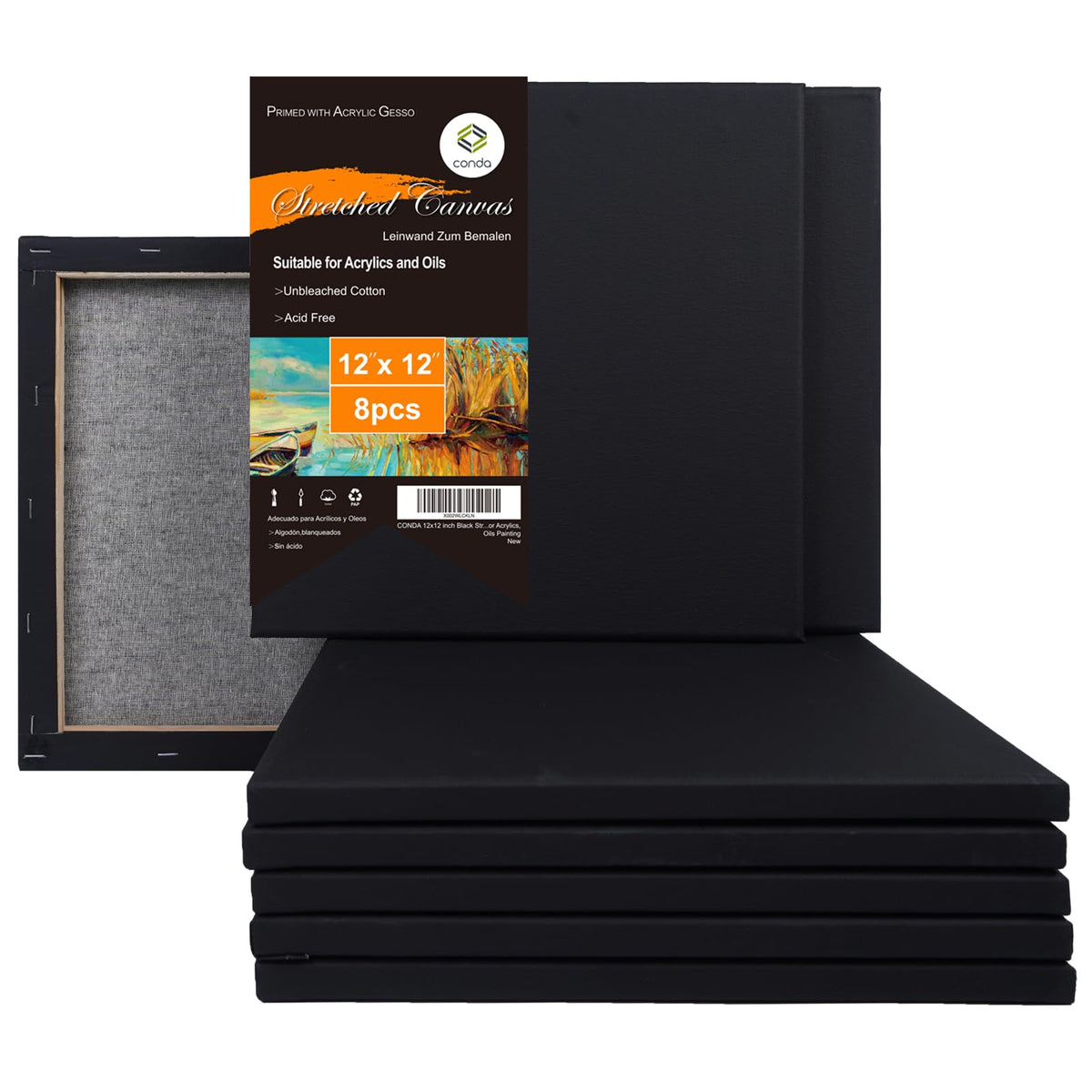 CONDA Black Stretched Canvas, 11x14 in, 8-Pack