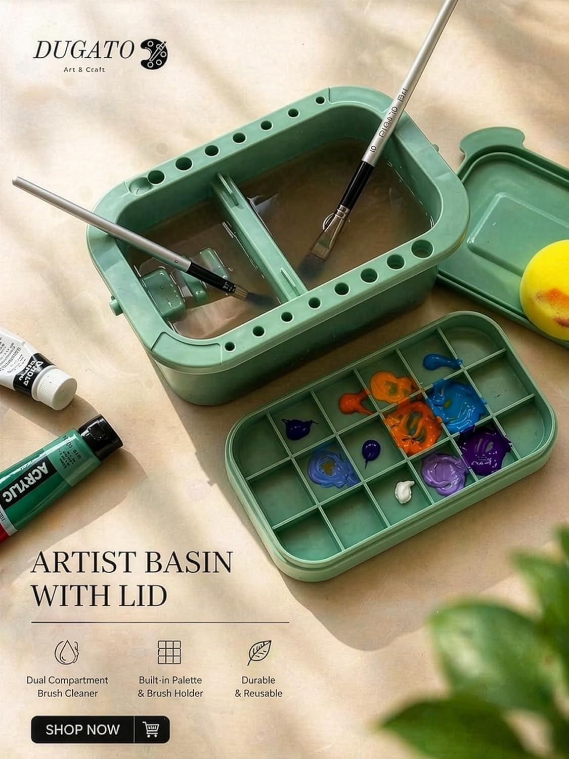 3-In-1 Paint Brush Cleaner, Washer, Holder & Palette - Artist Basin with Lid & Sponges for Acrylic, Watercolor, Oil Painting - Art Studio Organizer (Green)