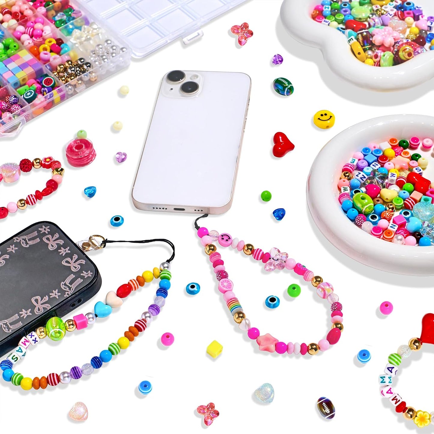 657Pcs DIY Phone Charm Kit for Girls Boys Bead Keychain Making Kit Beads for Children Beaded Keychain Making Kits Letter Alphabet Name Beads Heart Flower Backpack Charms Accessories Gift
