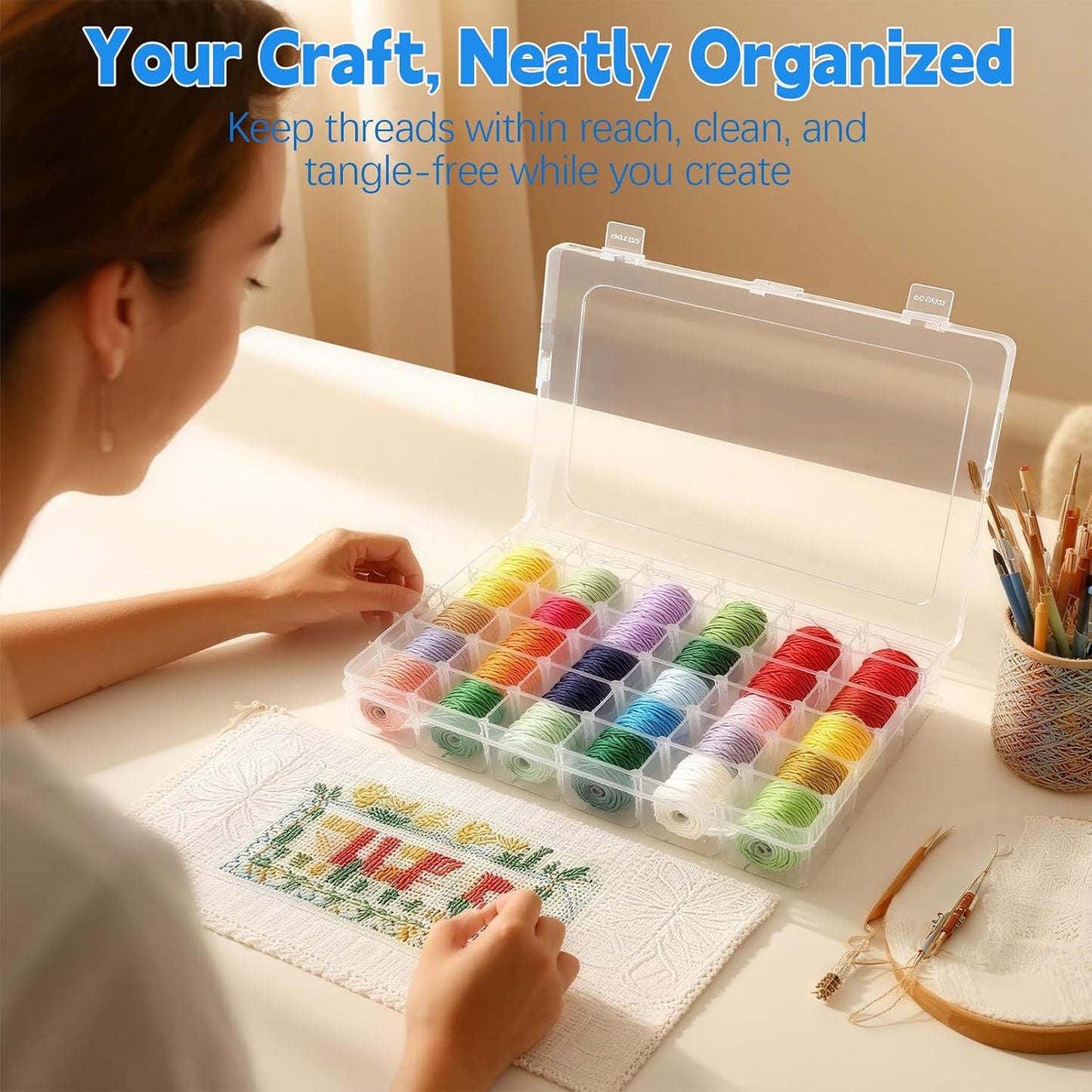 Embroidery Floss Organizer Compatible with DMC - Embroidery Thread Organizer Box, Snap-Tight Clear Cross Stitch Thread Storage Box, Removable 36 Compartments, for Small Sewing Supplies Storage