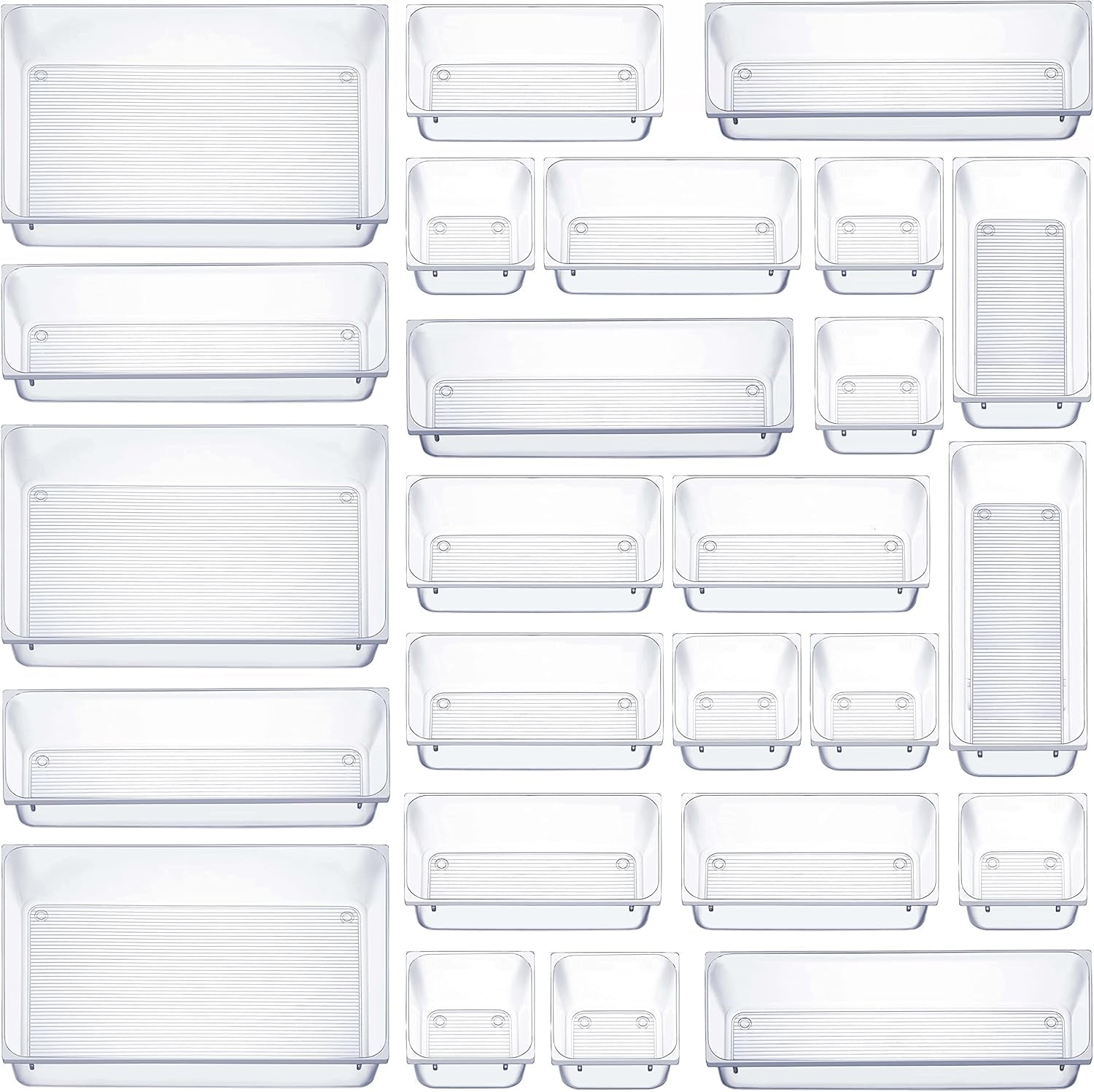 25 PCS Clear Plastic Drawer Organizers Set, 4-Size Versatile Bathroom and Vanity Drawer Organizer Trays, Storage Bins for Makeup, Bedroom, Kitchen Gadgets Utensils and Office Accessories