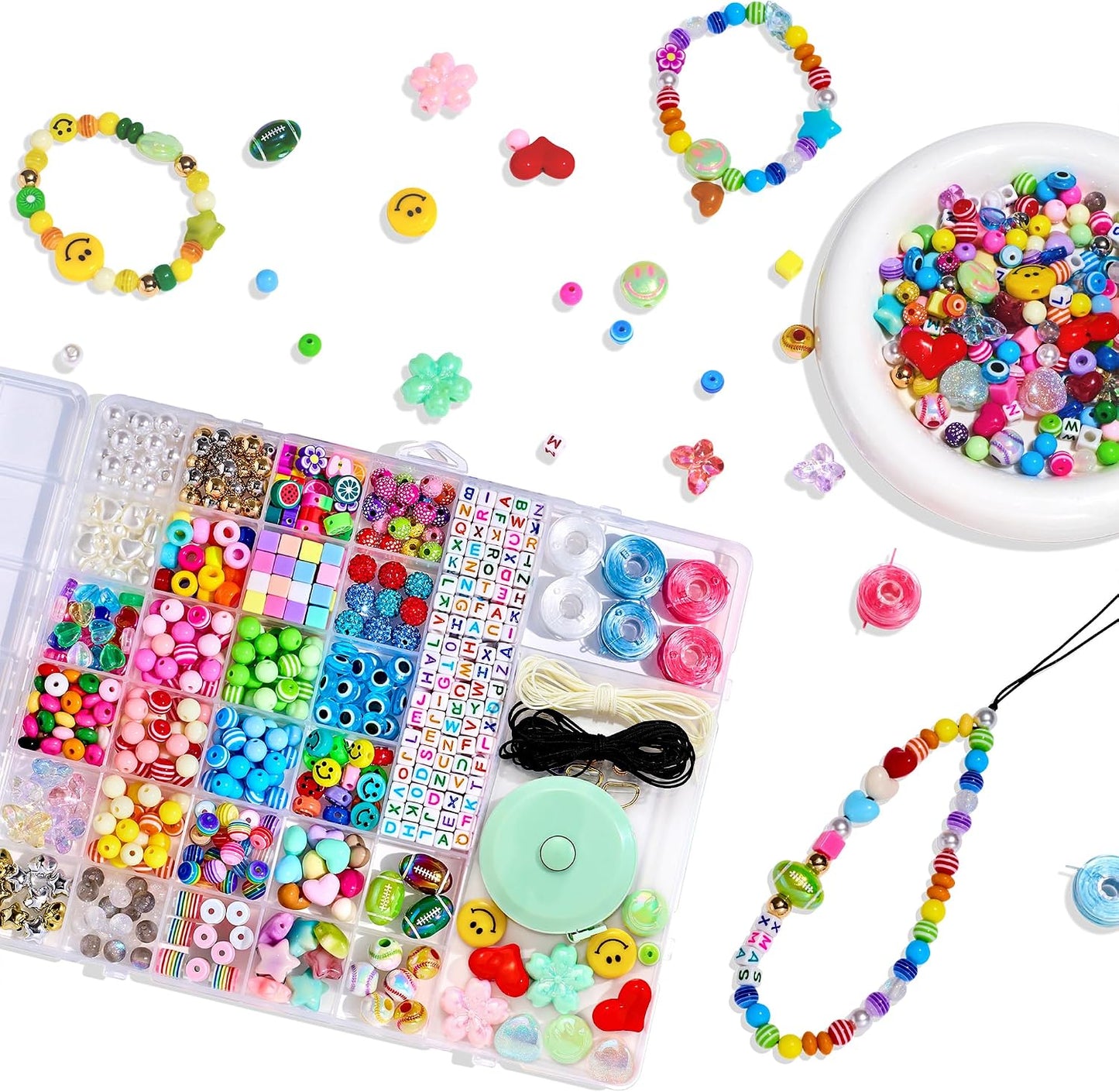 657Pcs DIY Phone Charm Kit for Girls Boys Bead Keychain Making Kit Beads for Children Beaded Keychain Making Kits Letter Alphabet Name Beads Heart Flower Backpack Charms Accessories Gift