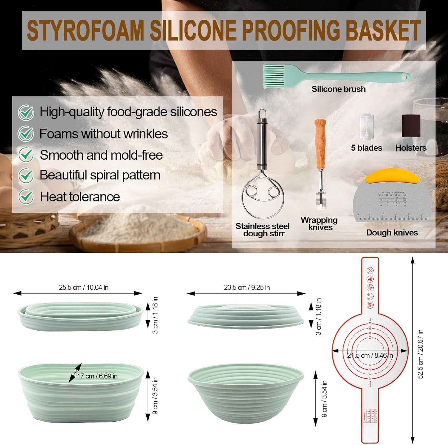 Silicone Banneton Bread Proofing Basket Oval, Sourdough Starter Kit, Bread Making Tool Supplies Accessories, Bowl for Rising Baking round Brotform Set Homemade Essentials (Light Green)