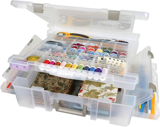6981AB Super Satchel Deluxe Divided Base, Large Portable Art & Craft Organizer with Drawers, [1] Plastic Storage Case, Clear