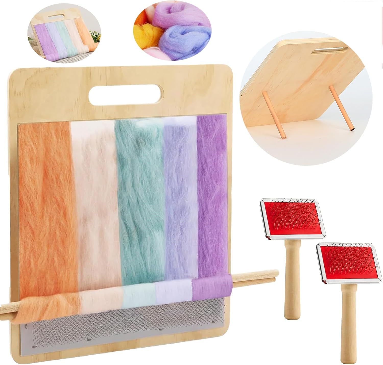 6PCS Wool Blending Board Carding Brush Set, Yarn Making Kit, 4 Wood Craft Sticks Two Brushes for Combing