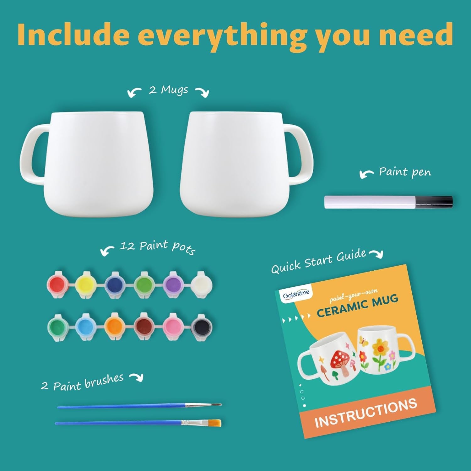 DIY Mug Painting Kit for Adults Kids with 2 Paintable Ceramic Mugs 12 Safe Paints, 2 Brushes & Ceramic Pen, Creative Crafts for Mother'S Day, Father'S Day & Valentine'S Day Gifts
