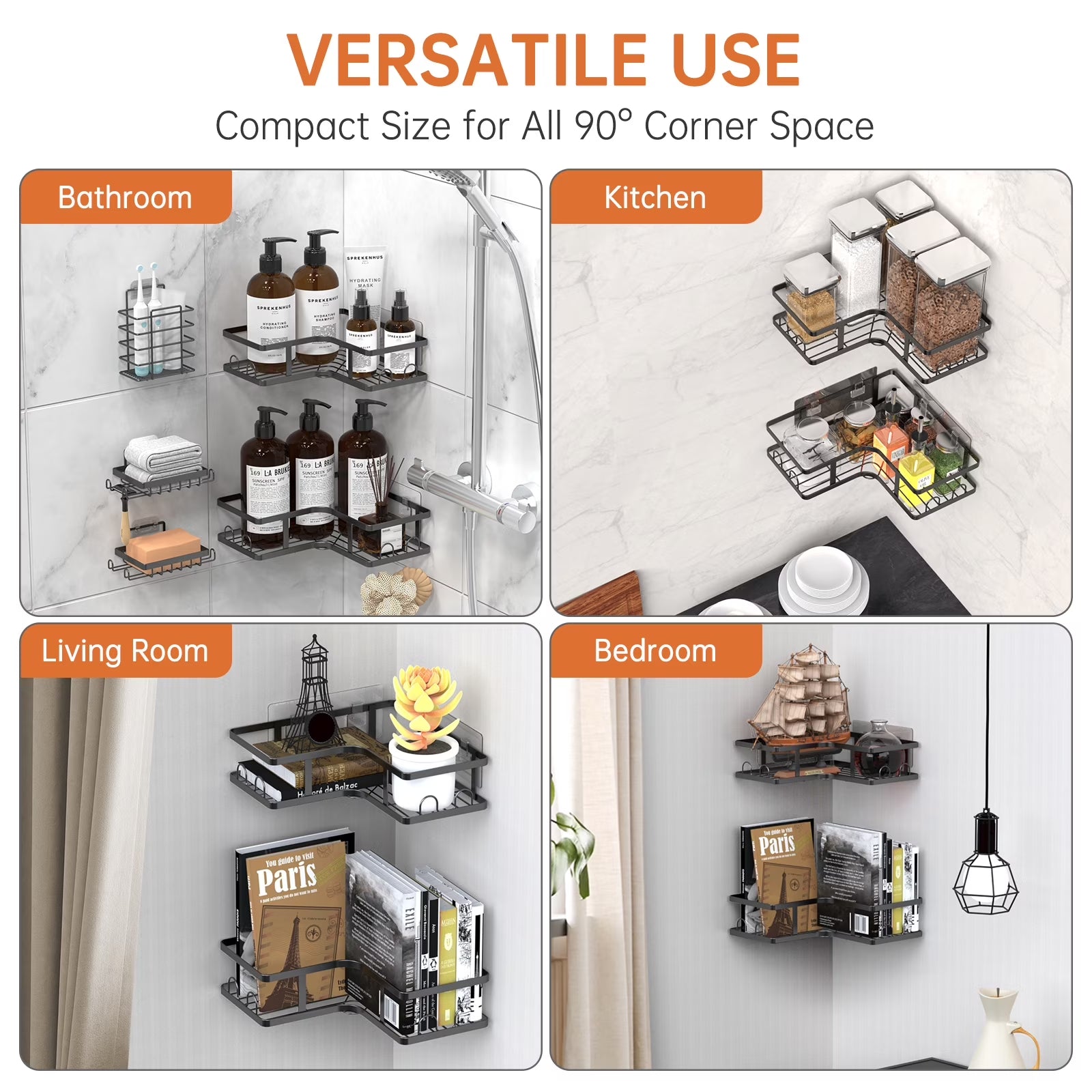 5 Pack Corner Shower Caddy, L-Shape Adhesive Shower Organizer with Soap Holder &Toothpaste Holder, Rustproof Stainless Steel Shower Shelves W/ 16 Hooks, No Drilling Bathroom Organizers Storage Racks