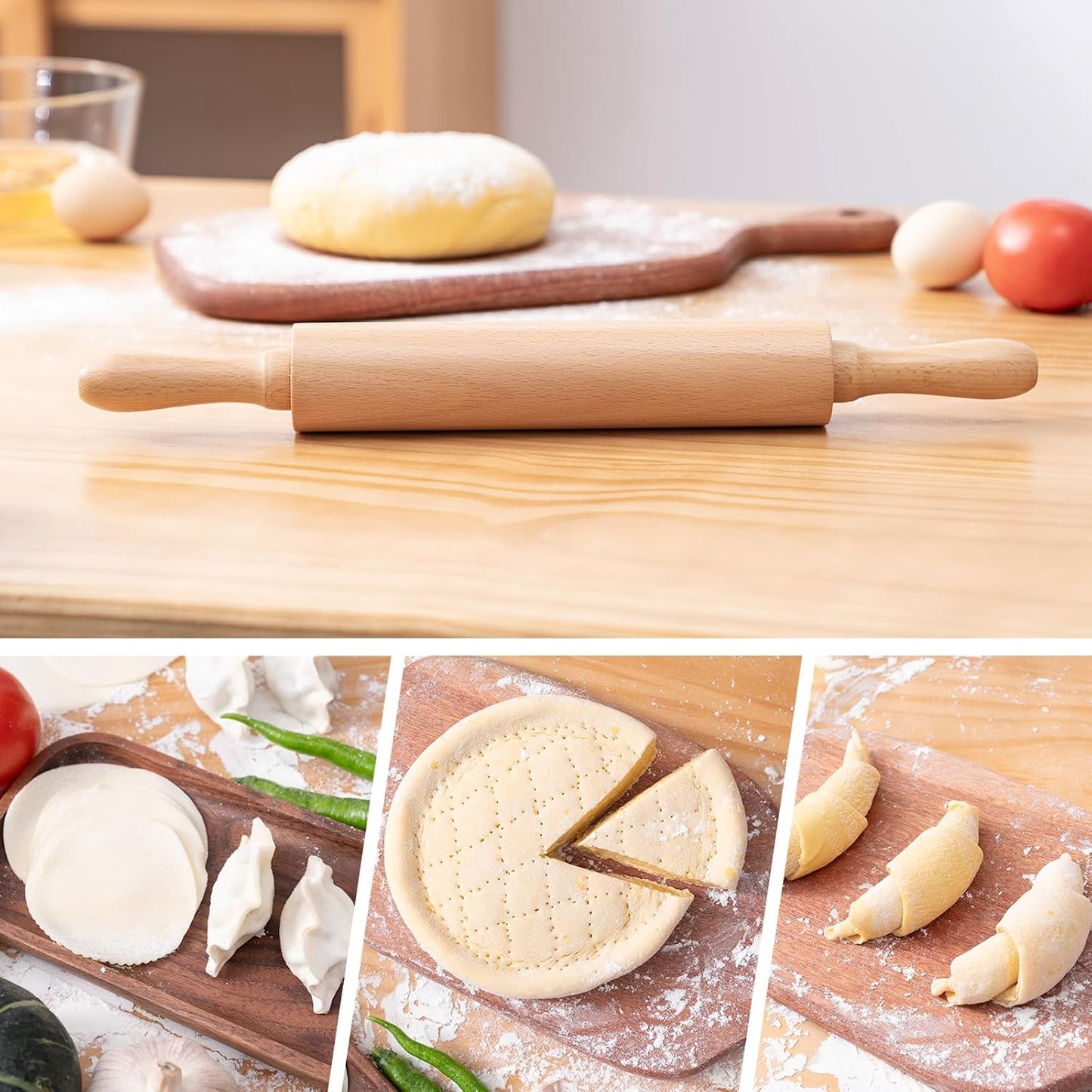 Rolling Pins for Baking, 15.75 Inches Wooden Rolling Pin with Handles, Classic Nonstick Dough Roller for Fondant Pizza Pie Crust Cookie Pastry, Kitchen Baking Essentials, Light Yellow