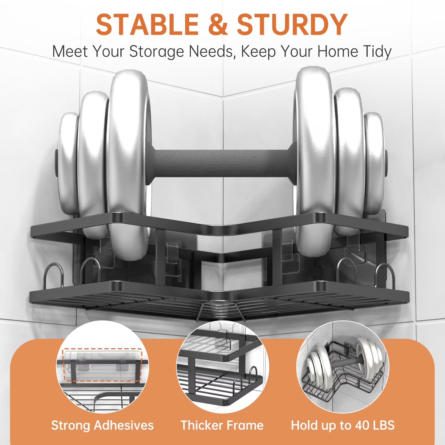 5 Pack Corner Shower Caddy, L-Shape Adhesive Shower Organizer with Soap Holder &Toothpaste Holder, Rustproof Stainless Steel Shower Shelves W/ 16 Hooks, No Drilling Bathroom Organizers Storage Racks