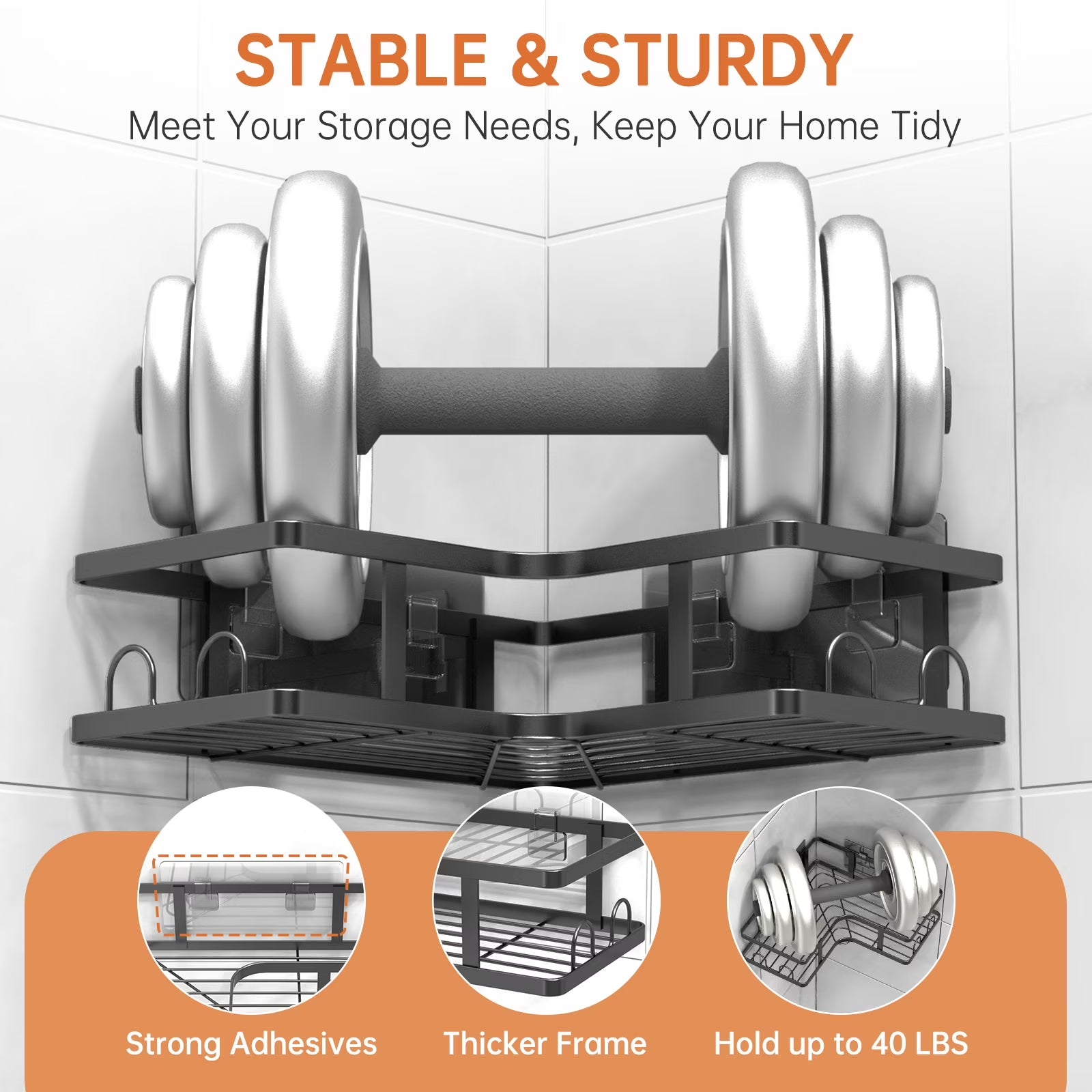 5 Pack Corner Shower Caddy, L-Shape Adhesive Shower Organizer with Soap Holder &Toothpaste Holder, Rustproof Stainless Steel Shower Shelves W/ 16 Hooks, No Drilling Bathroom Organizers Storage Racks