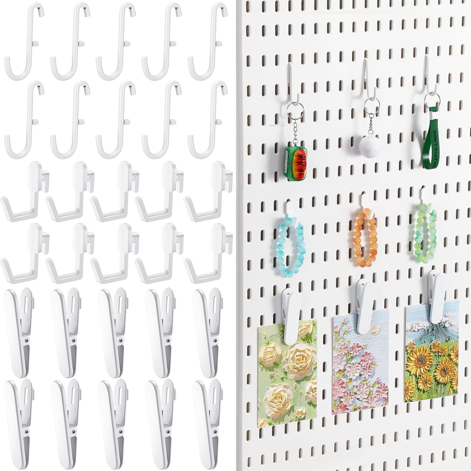 30Pcs Pegboard Accessories 10 Clips 20 Hooks, Peg Board Accessory Kit for Wall Organizer Compatible with IKEA Skadis Pegboard, for Wall Organizer, Crafts Organization, Ornaments Display