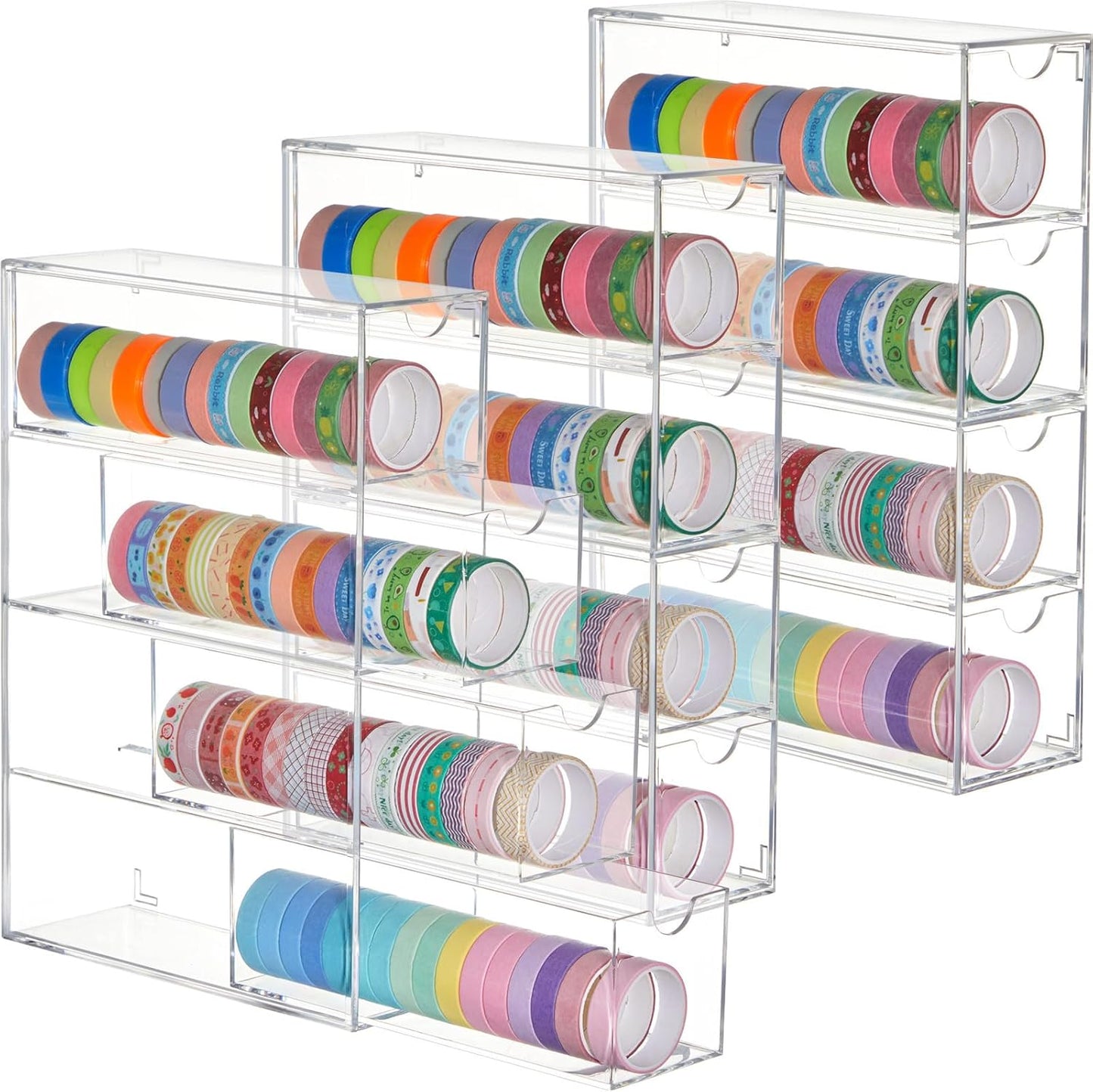 3 Pack Acrylic Washi Tape Organizer, Clear Washi Tape Storage Holder with 4 Sliding Drawers, Desk Accessories Display Caddy Craft Box for Scrapbooking Art Craft Supplies