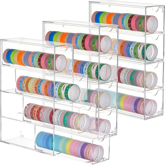 3 Pack Acrylic Washi Tape Organizer, Clear Washi Tape Storage Holder with 4 Sliding Drawers, Desk Accessories Display Caddy Craft Box for Scrapbooking Art Craft Supplies