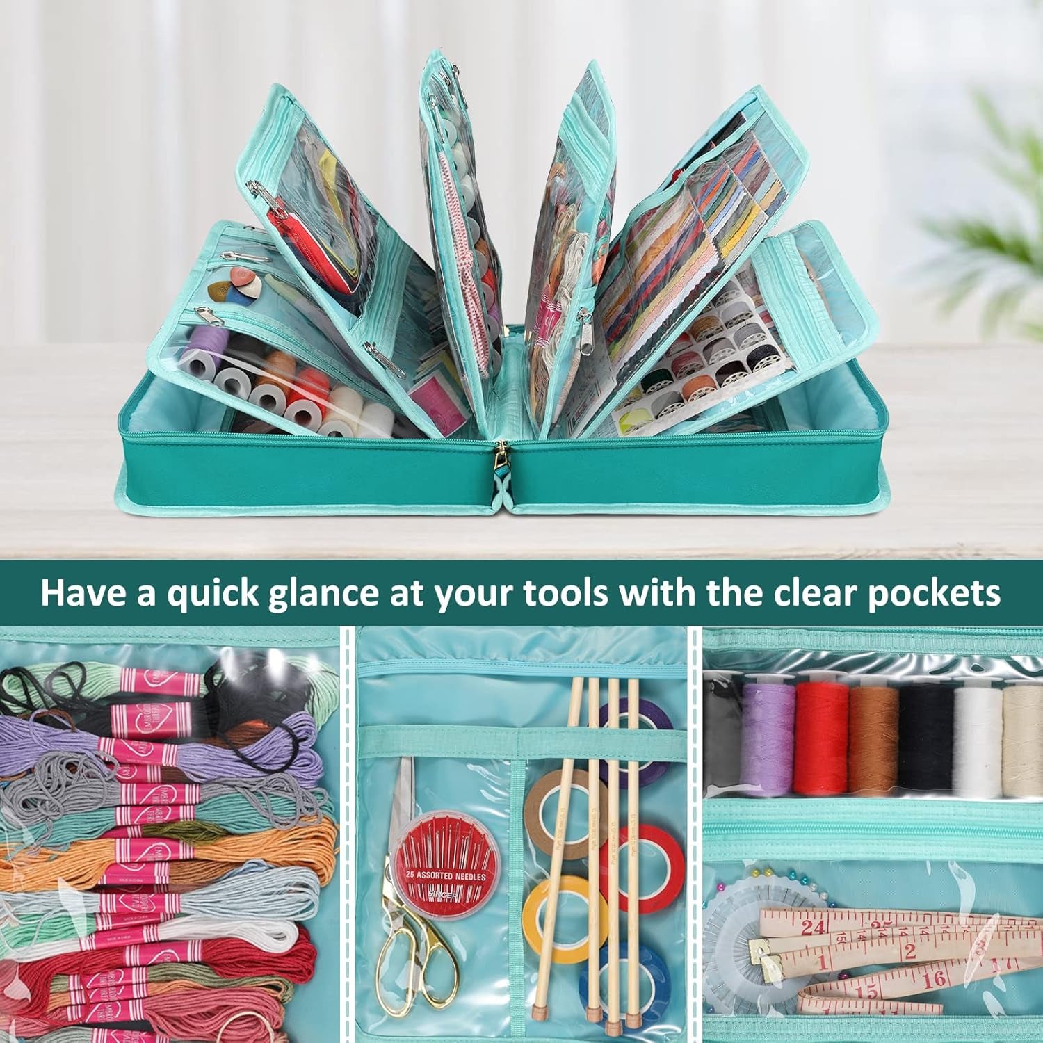 Sewing and Craft Supplies Storage Tote, Large Capacity Travel Packing Organizer Bag with Clear Pockets and Handle for Knitting, Crochet, Art, Sewing Accessories