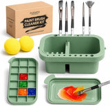 3-In-1 Paint Brush Cleaner, Washer, Holder & Palette - Artist Basin with Lid & Sponges for Acrylic, Watercolor, Oil Painting - Art Studio Organizer (Green)