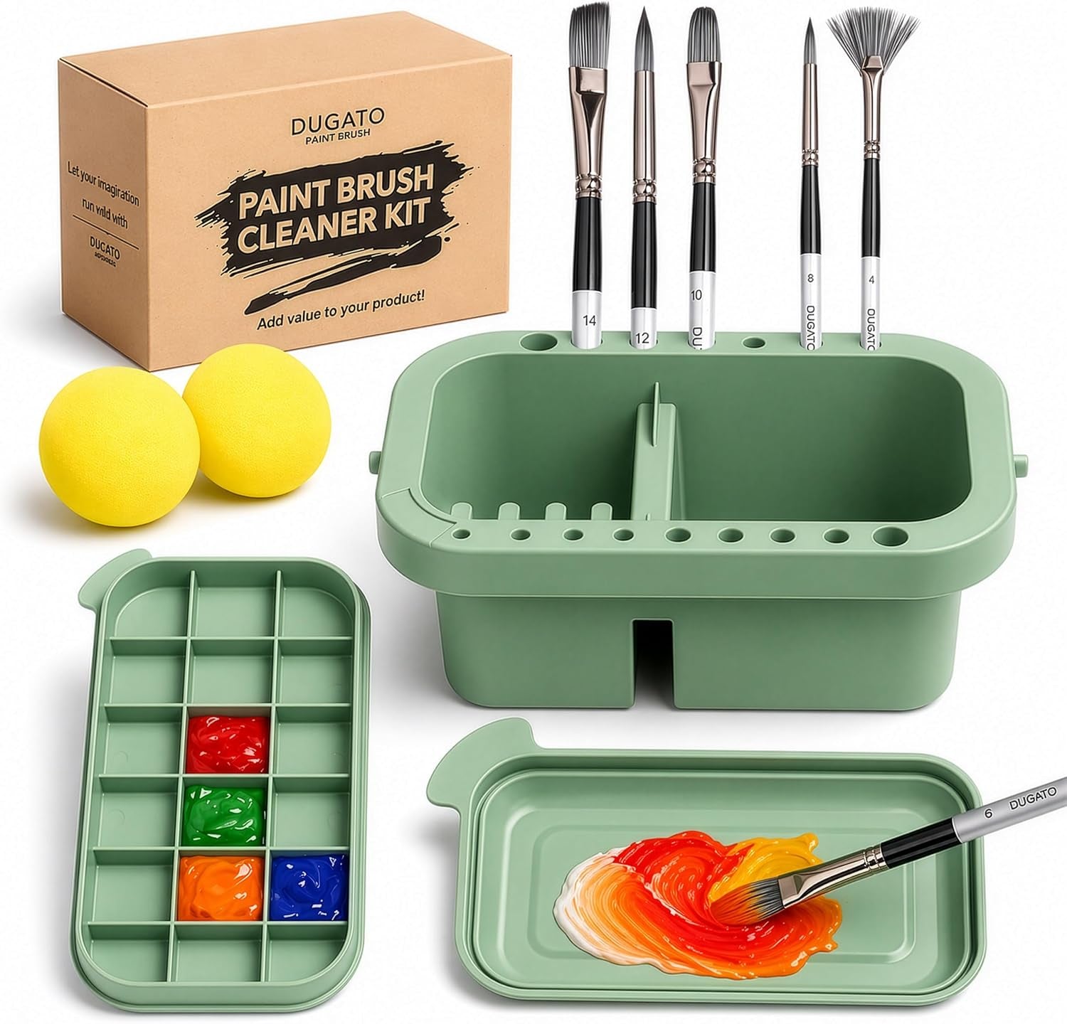 3-In-1 Paint Brush Cleaner, Washer, Holder & Palette - Artist Basin with Lid & Sponges for Acrylic, Watercolor, Oil Painting - Art Studio Organizer (Green)
