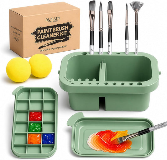 3-In-1 Paint Brush Cleaner, Washer, Holder & Palette - Artist Basin with Lid & Sponges for Acrylic, Watercolor, Oil Painting - Art Studio Organizer (Green)