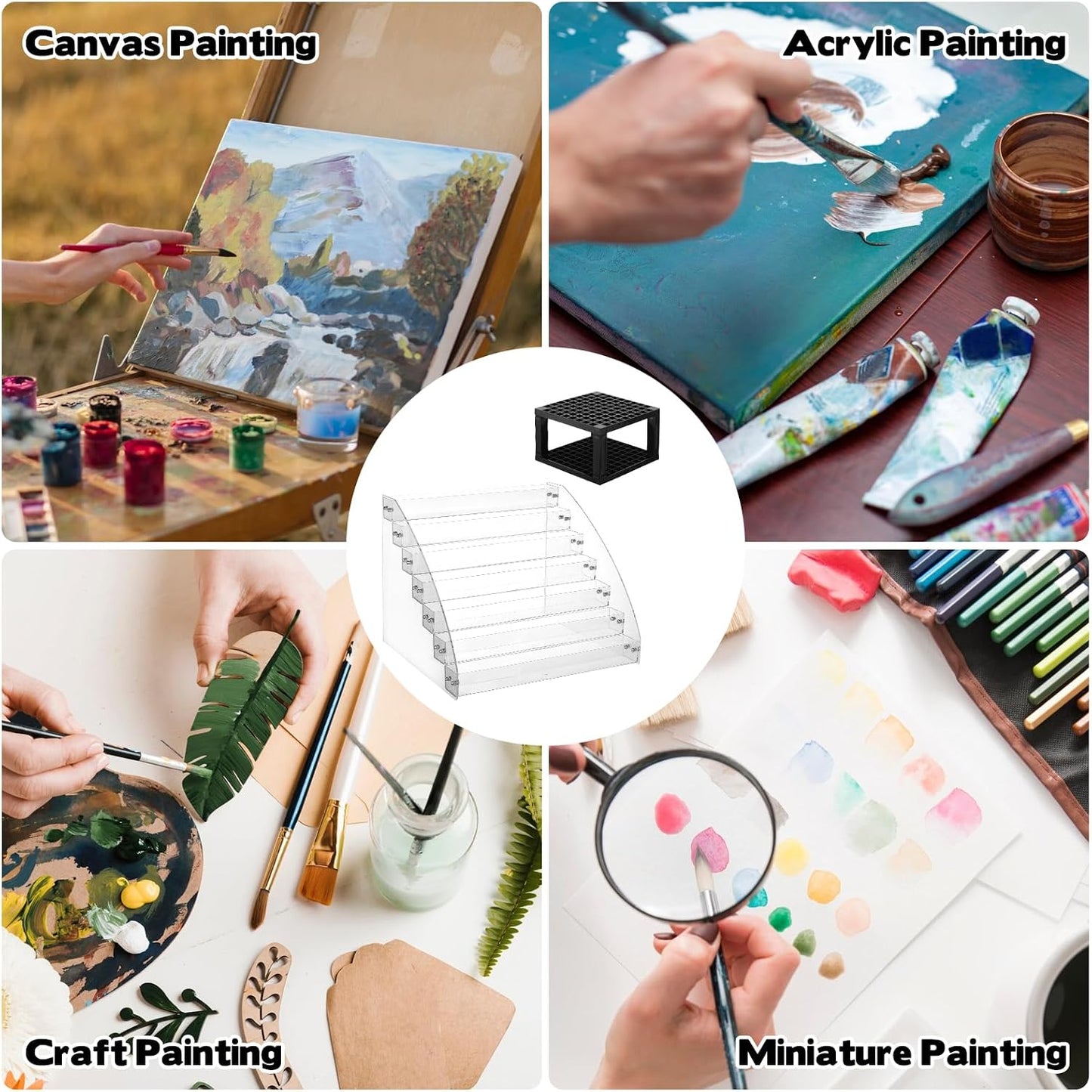 2 Pack 7 Tiers Clear Acrylic Paint Organizer with Brush Holder,Paint Organizers Set Miniature Paints Holders, 7 Layers Paints Storage Rack, Craft Paint Rack