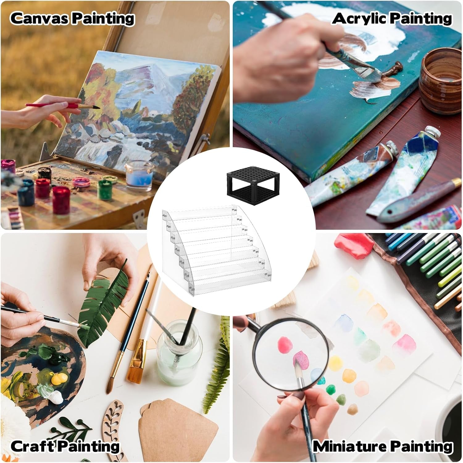 2 Pack 7 Tiers Clear Acrylic Paint Organizer with Brush Holder,Paint Organizers Set Miniature Paints Holders, 7 Layers Paints Storage Rack, Craft Paint Rack