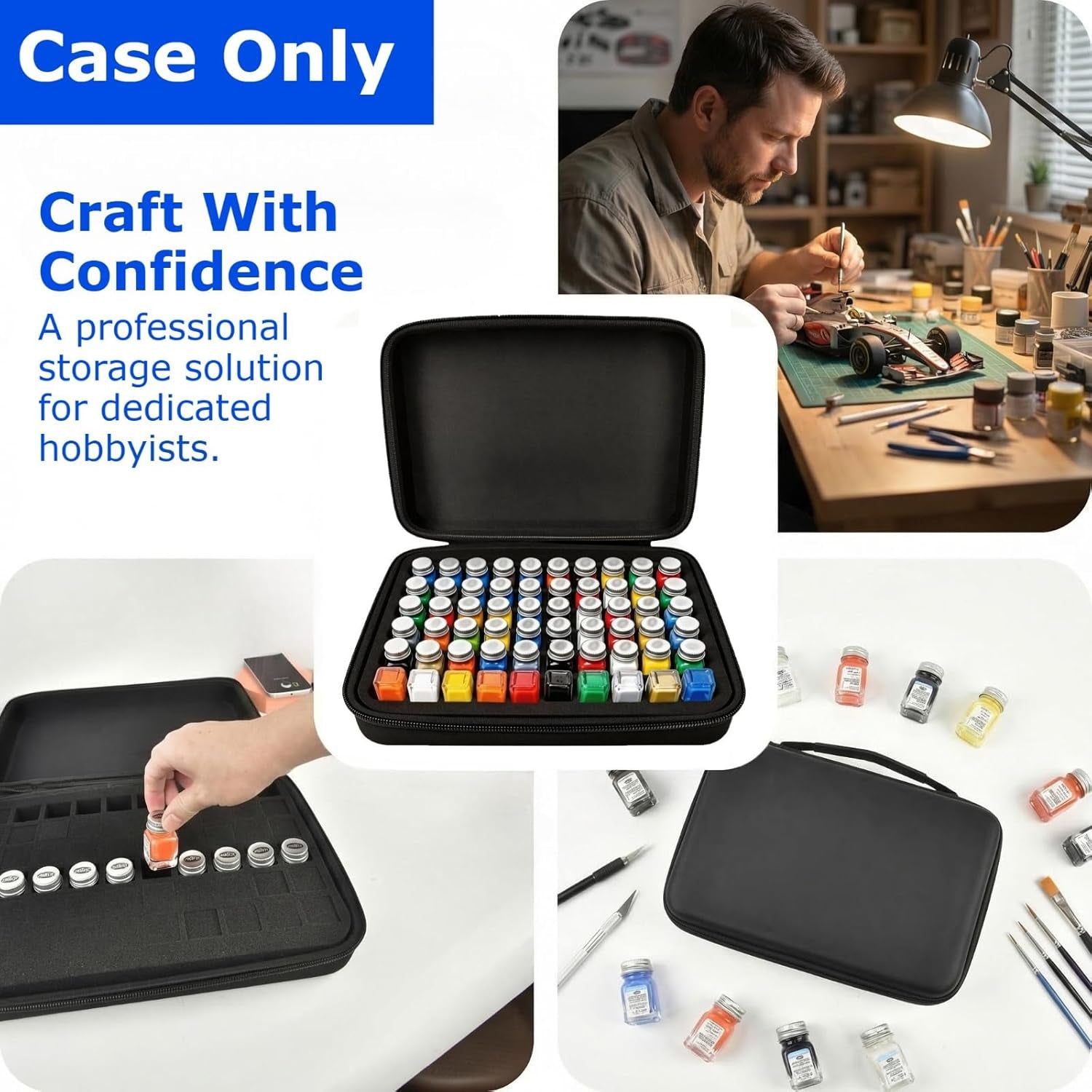 Model Paint Organizer for Testors Enamel & Acrylic Paint, Portable 60-Slot Storage Bag with Hard EVA Protection & Brush Storage, Compatible with 1/4 Oz Glass Bottles - Black
