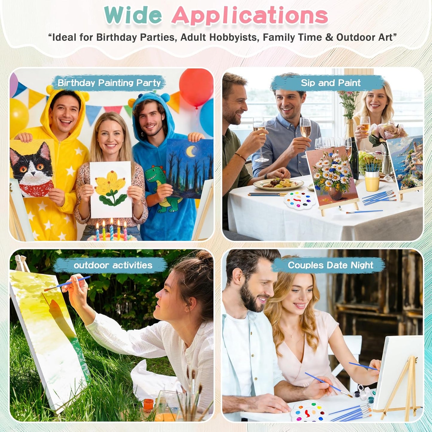 14 Pack 8X10 Inch Canvas and Easel Set, Sip and Paint Kit for Adults,Art Canvas Bulk with Easels Stands, Trays,Small Paint Brushes,12 Colors Mini Acrylic Paint Set for Couples and Party Supplies