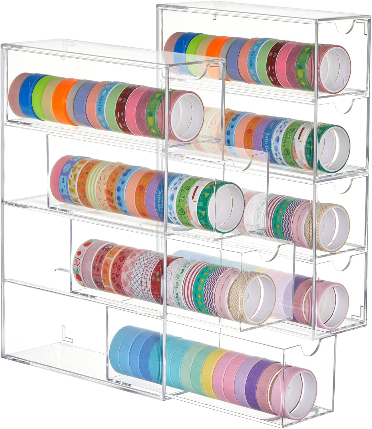 2 Pack Acrylic Washi Tape Organizer, Clear Washi Tape Storage Holder with 4 Sliding Drawers, Desk Accessories Display Caddy Craft Box for Scrapbooking Art Craft Supplies