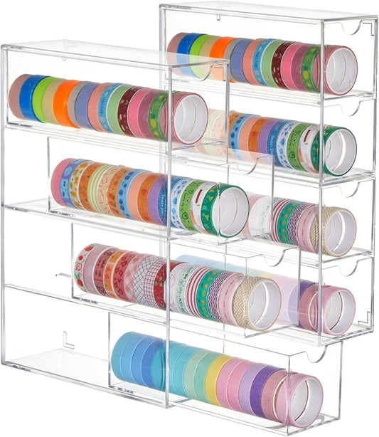 2 Pack Acrylic Washi Tape Organizer, Clear Washi Tape Storage Holder with 4 Sliding Drawers, Desk Accessories Display Caddy Craft Box for Scrapbooking Art Craft Supplies