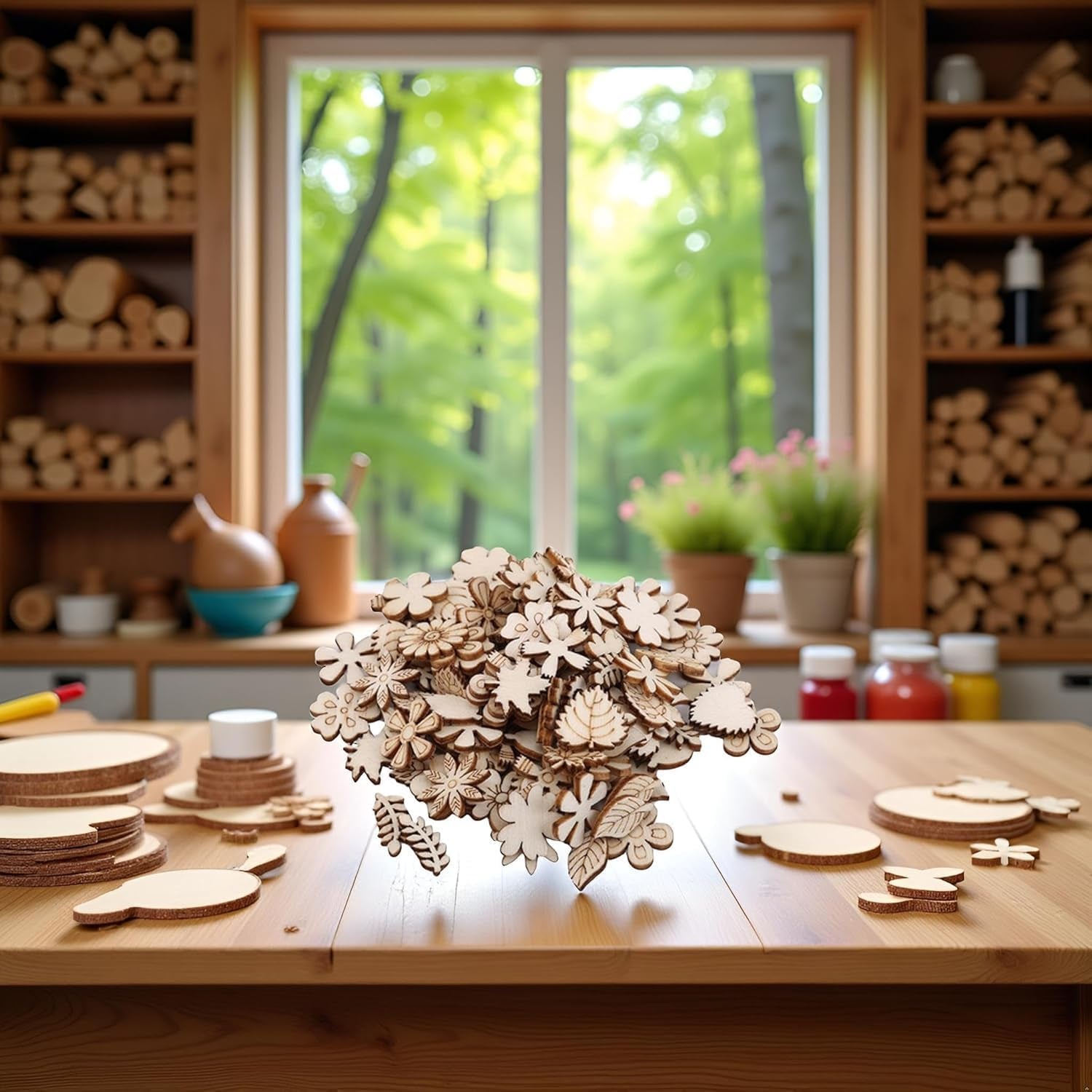 100 Pcs Unfinished Wooden Flower Wood Slice, Craft Supplies, Arts Crafting Accessories, DIY Craft Supplies, Leaf Pattern Wood Cutouts Pieces, Mini Wooden Handmade Decoration