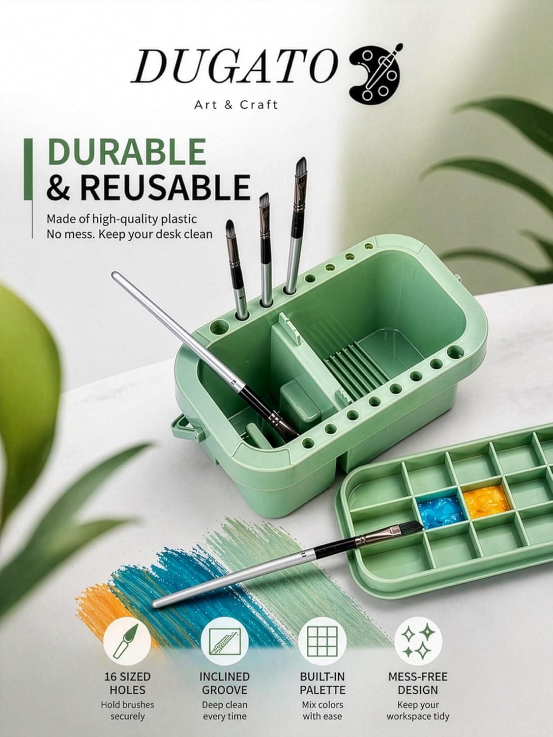 3-In-1 Paint Brush Cleaner, Washer, Holder & Palette - Artist Basin with Lid & Sponges for Acrylic, Watercolor, Oil Painting - Art Studio Organizer (Green)