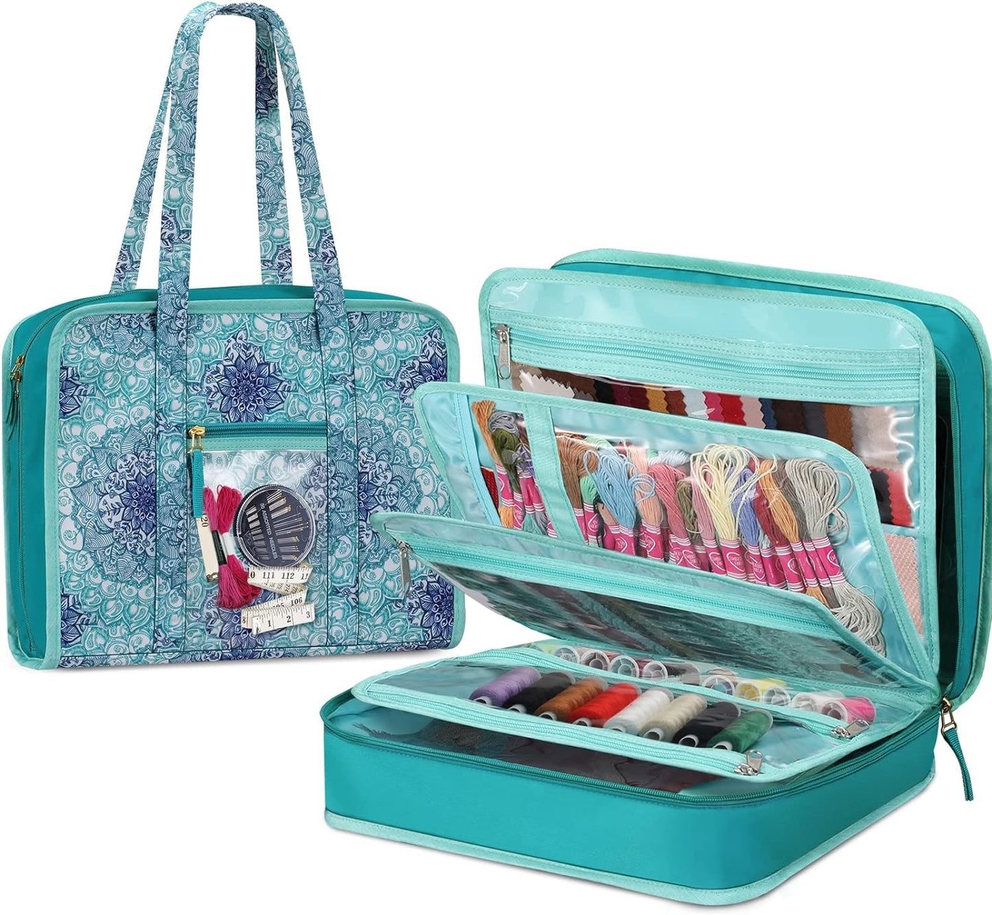 Sewing and Craft Supplies Storage Tote, Large Capacity Travel Packing Organizer Bag with Clear Pockets and Handle for Knitting, Crochet, Art, Sewing Accessories