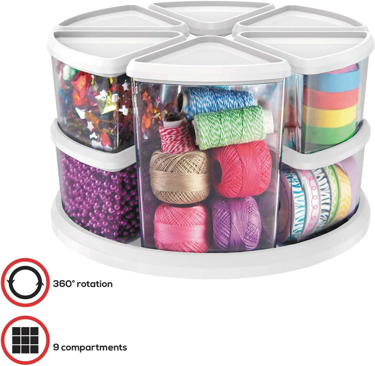 Rotating Carousel Craft Organizer, 9-Canister, Includes 3" and 6" Canisters, Removable, Clear, Lids