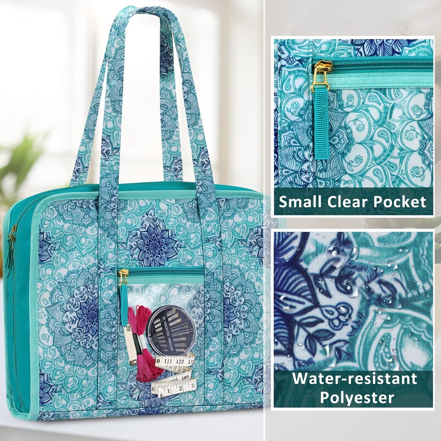 Sewing and Craft Supplies Storage Tote, Large Capacity Travel Packing Organizer Bag with Clear Pockets and Handle for Knitting, Crochet, Art, Sewing Accessories