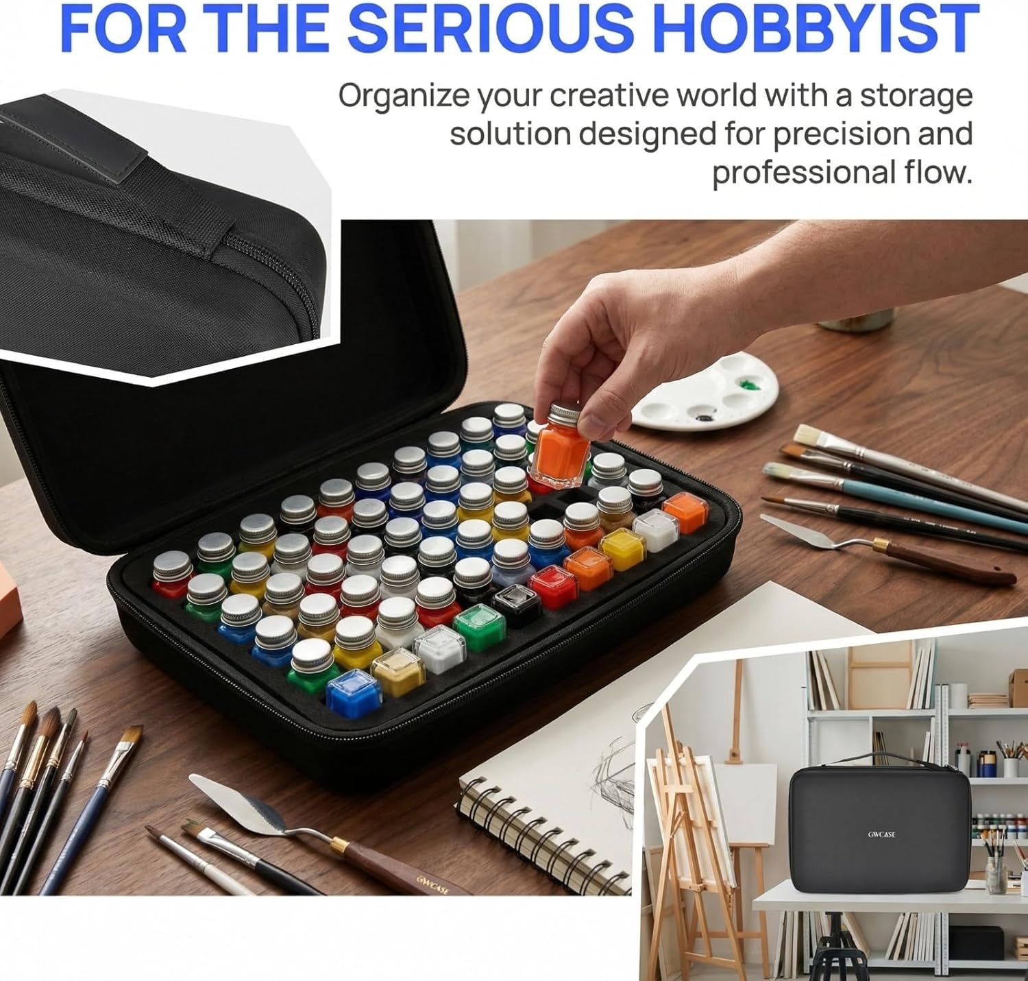 Model Paint Organizer for Testors Enamel & Acrylic Paint, Portable 60-Slot Storage Bag with Hard EVA Protection & Brush Storage, Compatible with 1/4 Oz Glass Bottles - Black