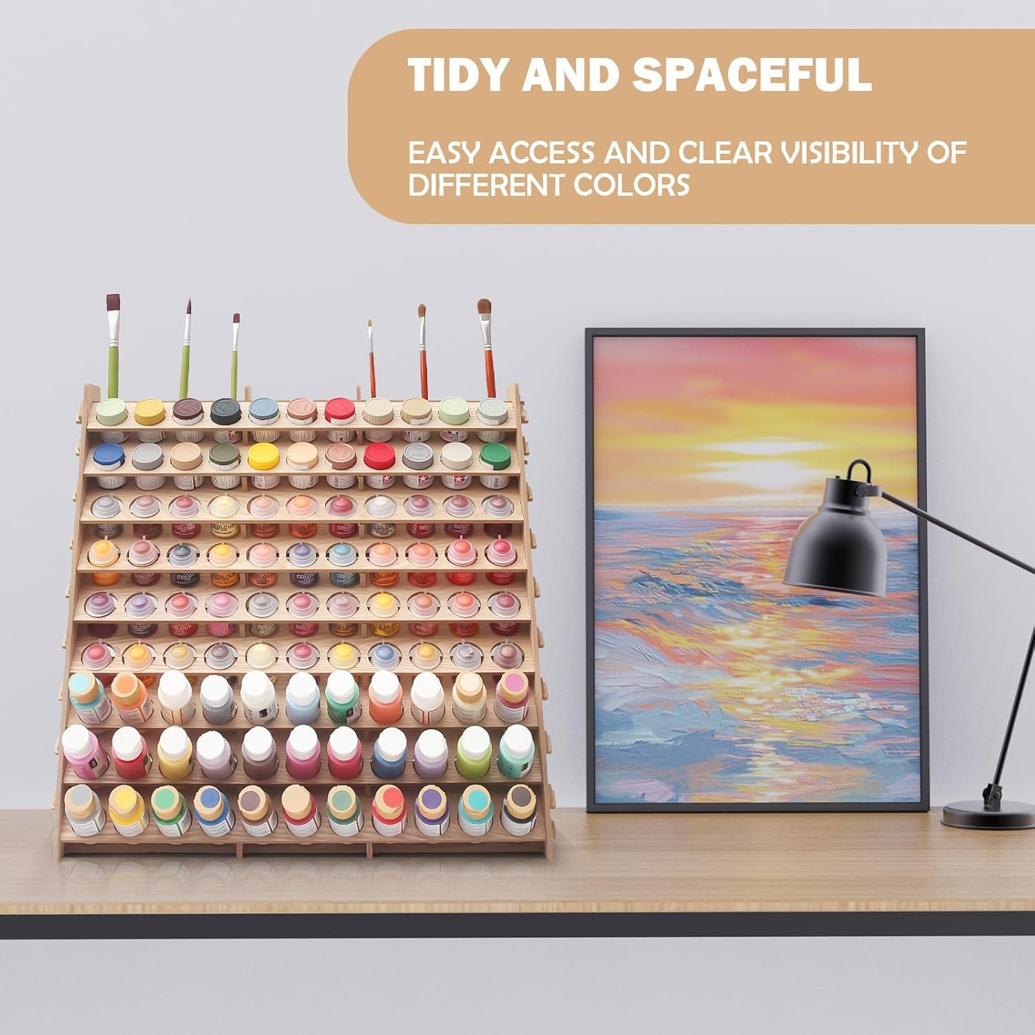 Extra Large Wooden 9-Tiers 99 Bottles' Capacity Wooden Paint Organizer & Paint Brush Rack for Acrylic OIL Craft Hobby Mini Model Painting Organizer for Artists (Vertical)