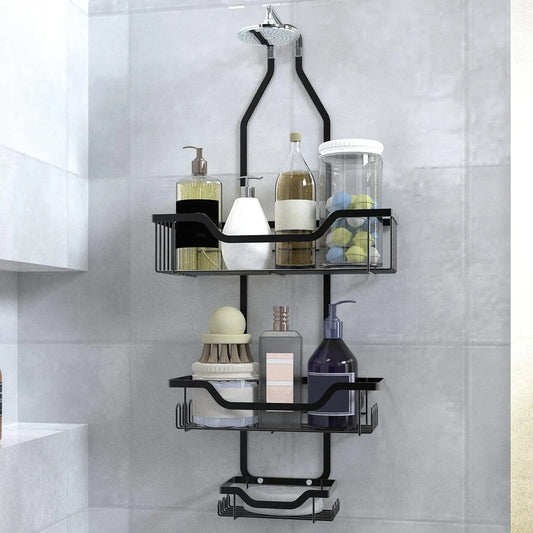 Over the Shower Head Caddy, Hanging Shower Organizer - 3-Tier Organizer W/ Soap Holder & Hooks for Towels, Sponge, Back to Schoo
