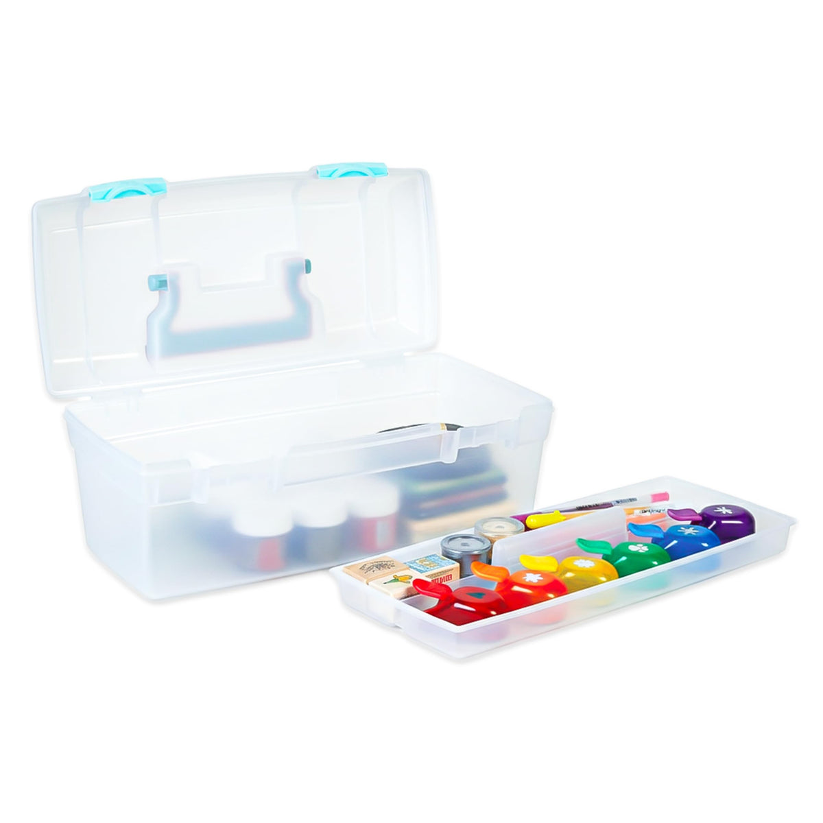 ArtBin Essentials Lift-Out Tray Box, Clear with Aqua Latches, Clear / aqua