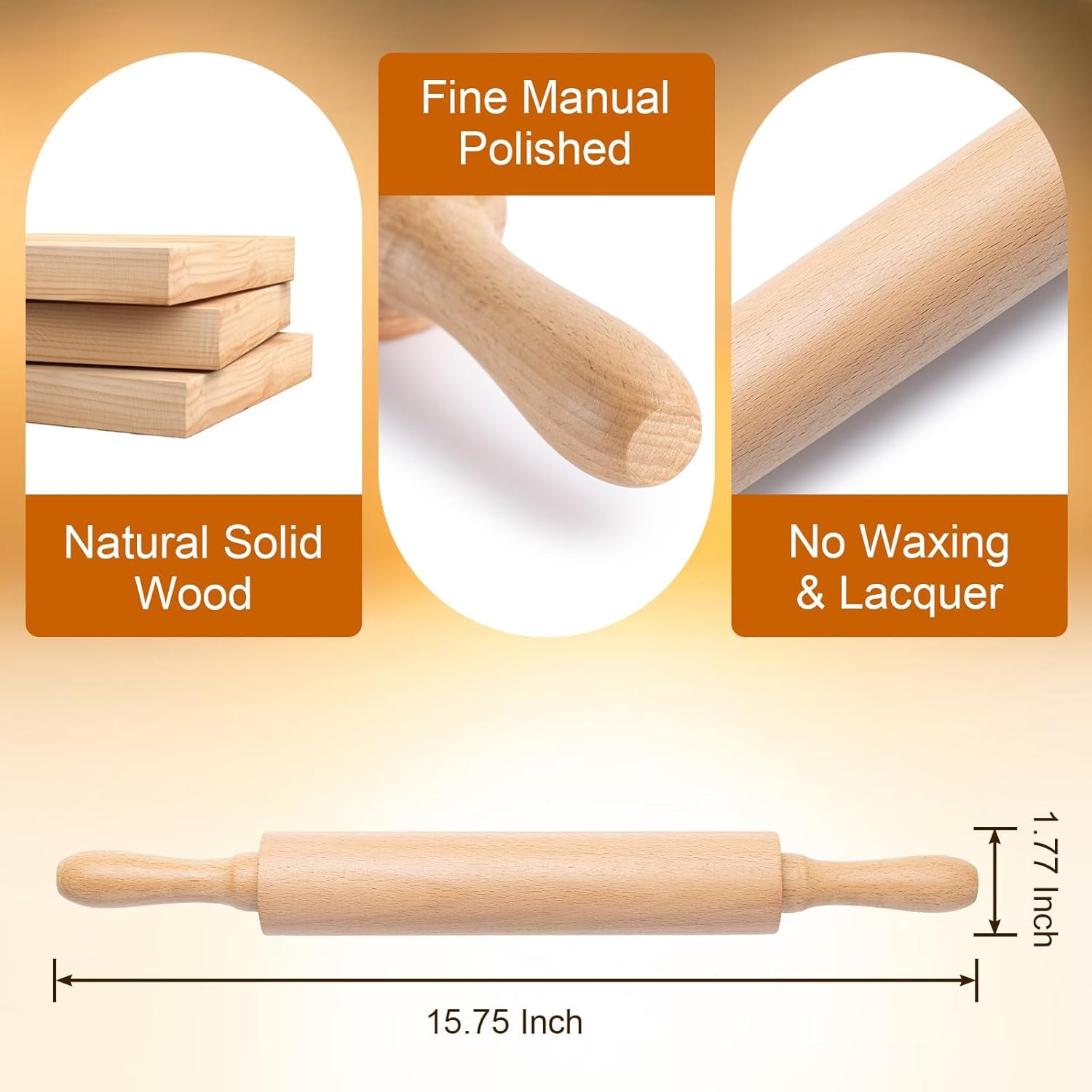 Rolling Pins for Baking, 15.75 Inches Wooden Rolling Pin with Handles, Classic Nonstick Dough Roller for Fondant Pizza Pie Crust Cookie Pastry, Kitchen Baking Essentials, Light Yellow