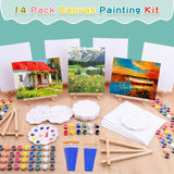 14 Pack 8X10 Inch Canvas and Easel Set, Sip and Paint Kit for Adults,Art Canvas Bulk with Easels Stands, Trays,Small Paint Brushes,12 Colors Mini Acrylic Paint Set for Couples and Party Supplies