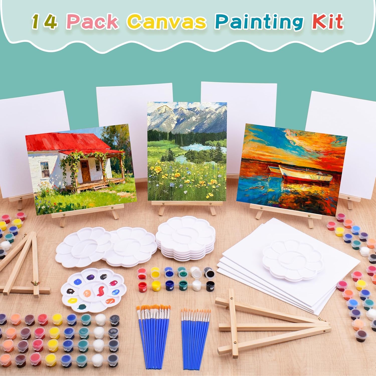 14 Pack 8X10 Inch Canvas and Easel Set, Sip and Paint Kit for Adults,Art Canvas Bulk with Easels Stands, Trays,Small Paint Brushes,12 Colors Mini Acrylic Paint Set for Couples and Party Supplies