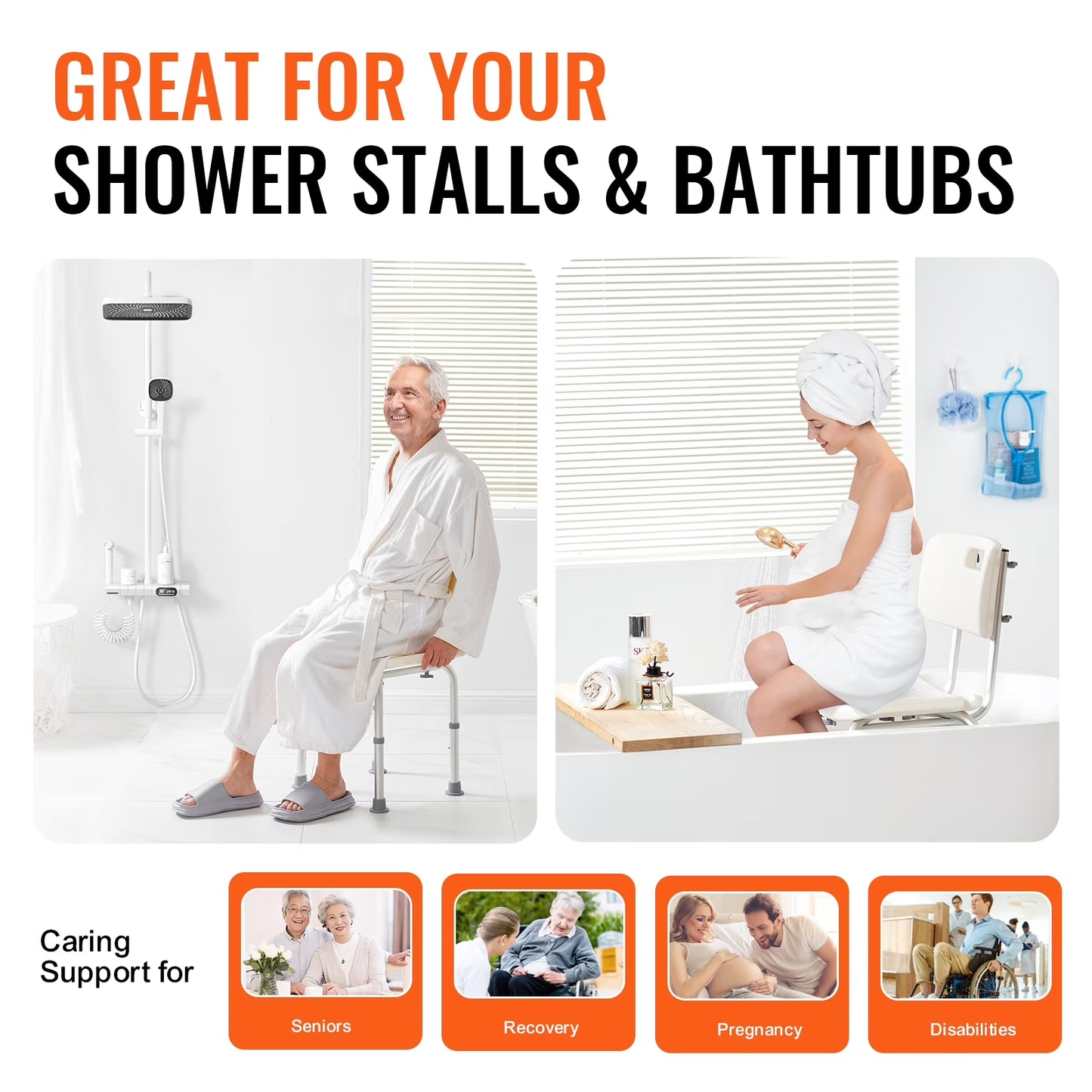 Shower Chair, Height-Adaptable Bath Seat, Non-Slip Bathroom Stool for Shower or Bathtub, Ideal for Seniors, Disabled, and Individuals with Limited Mobility, Supports up to 350 Lbs