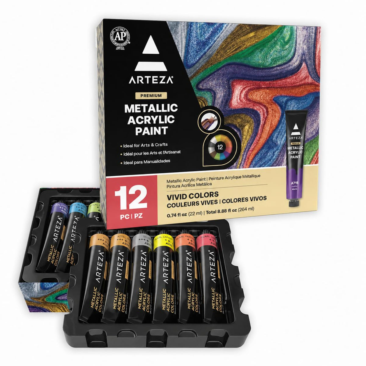 Arteza Metallic Acrylic Paint Set, 12 Colors, 22 ml