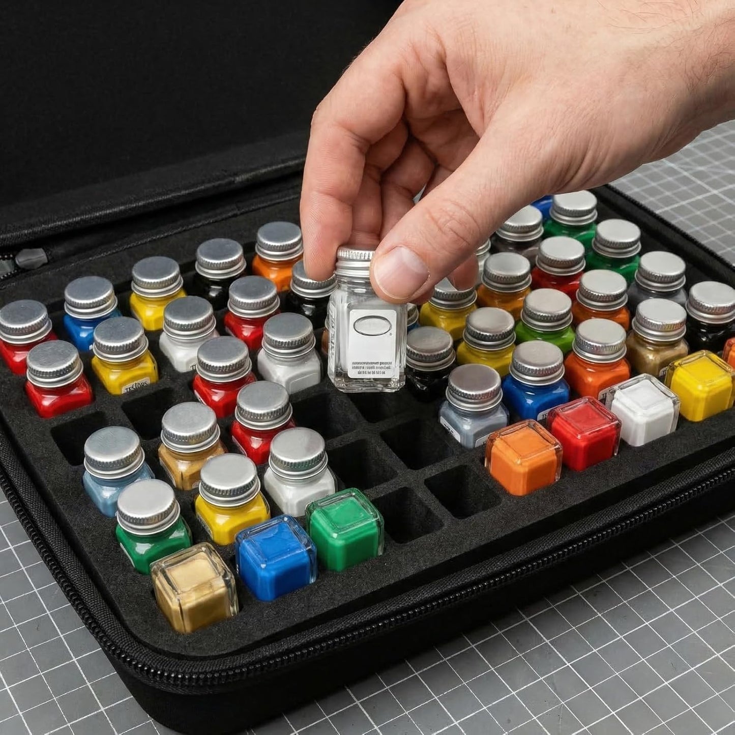 Model Paint Organizer for Testors Enamel & Acrylic Paint, Portable 60-Slot Storage Bag with Hard EVA Protection & Brush Storage, Compatible with 1/4 Oz Glass Bottles - Black