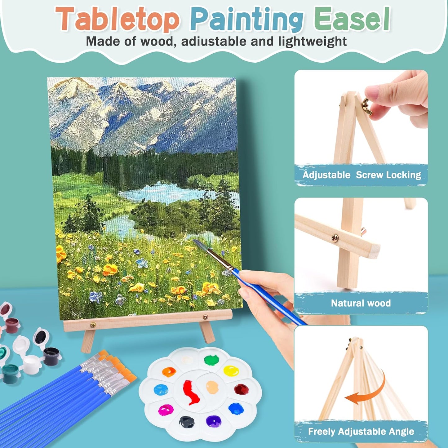 5 Pack 8X10 Inch Canvas and Easel Set, Sip and Paint Kit for Adults,Art Canvas Bulk with Easels Stands, Trays,Small Paint Brushes,12 Colors Mini Acrylic Paint Set for Couples,Kids and Party Supplies