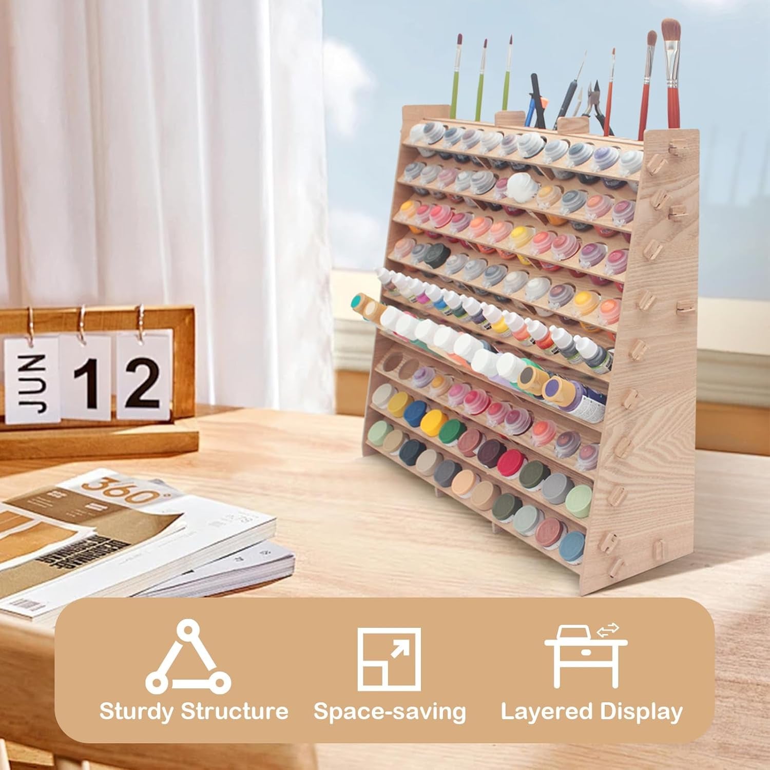Extra Large Wooden 9-Tiers 99 Bottles' Capacity Wooden Paint Organizer & Paint Brush Rack for Acrylic OIL Craft Hobby Mini Model Painting Organizer for Artists (Vertical)