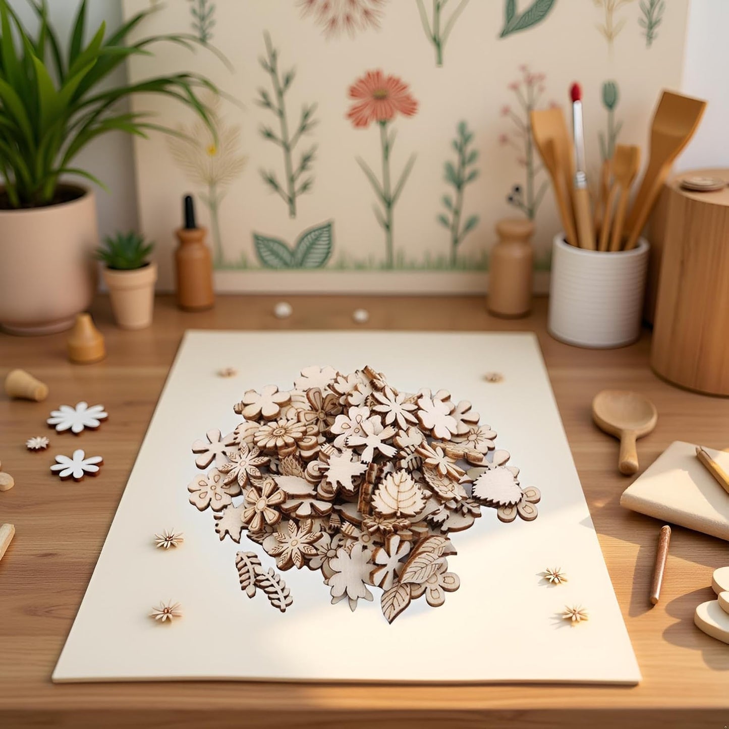 100 Pcs Unfinished Wooden Flower Wood Slice, Craft Supplies, Arts Crafting Accessories, DIY Craft Supplies, Leaf Pattern Wood Cutouts Pieces, Mini Wooden Handmade Decoration