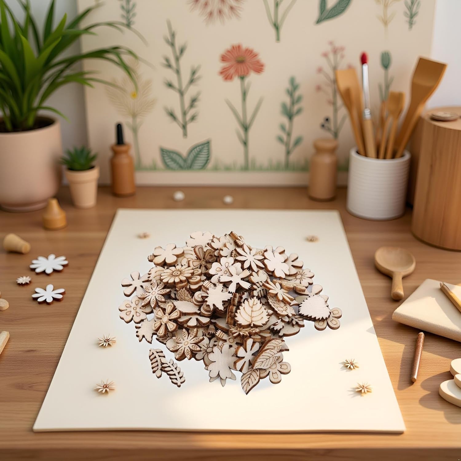 100 Pcs Unfinished Wooden Flower Wood Slice, Craft Supplies, Arts Crafting Accessories, DIY Craft Supplies, Leaf Pattern Wood Cutouts Pieces, Mini Wooden Handmade Decoration