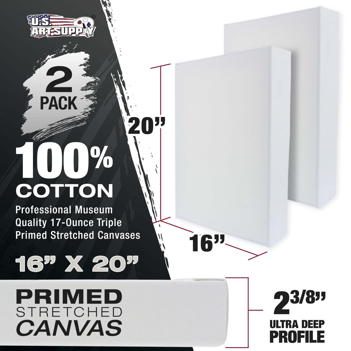 U.S. Art Supply Extra-Deep Stretched Canvas, 16x20 in, 2-Pack
