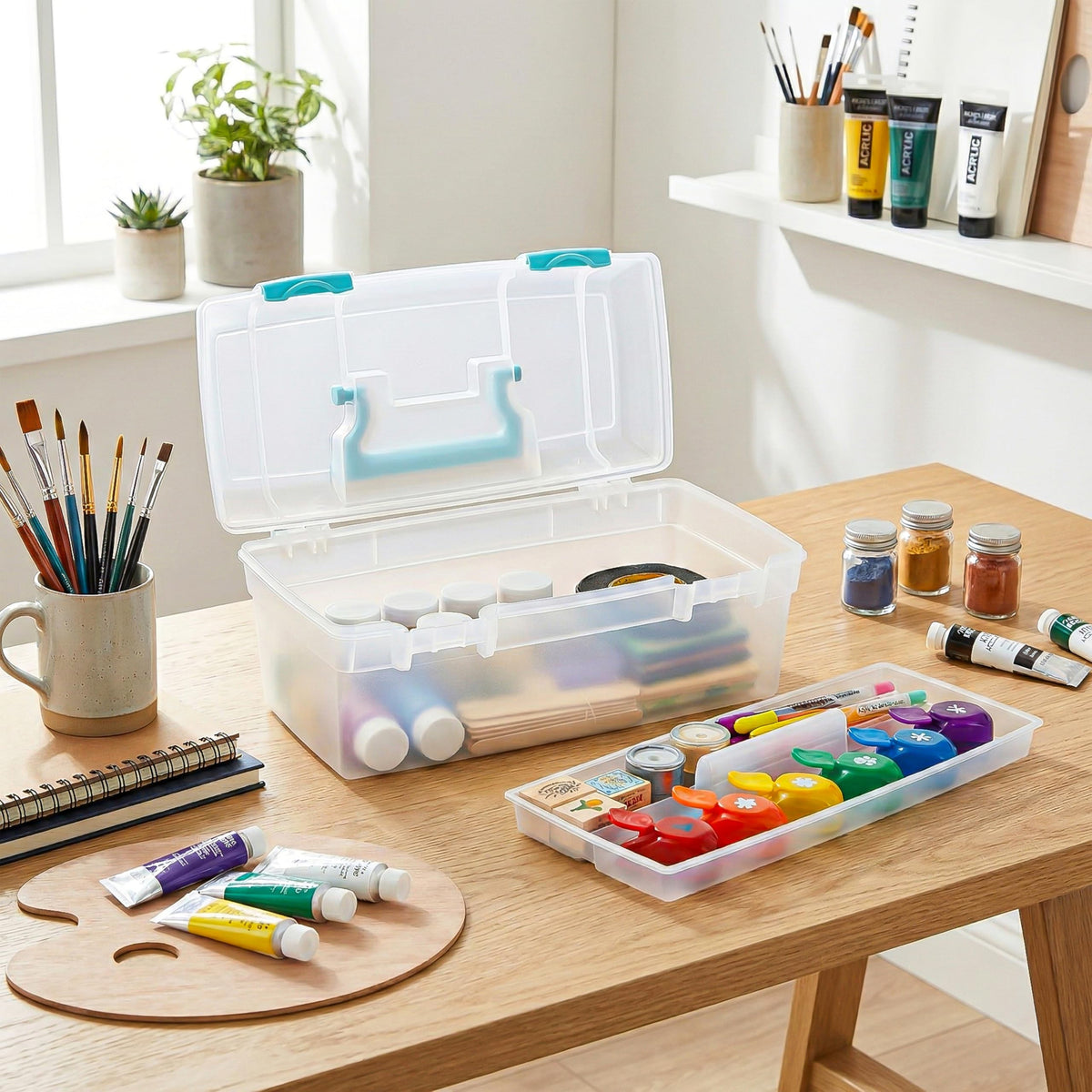 ArtBin Essentials Lift-Out Tray Box, Clear with Aqua Latches, Clear / aqua
