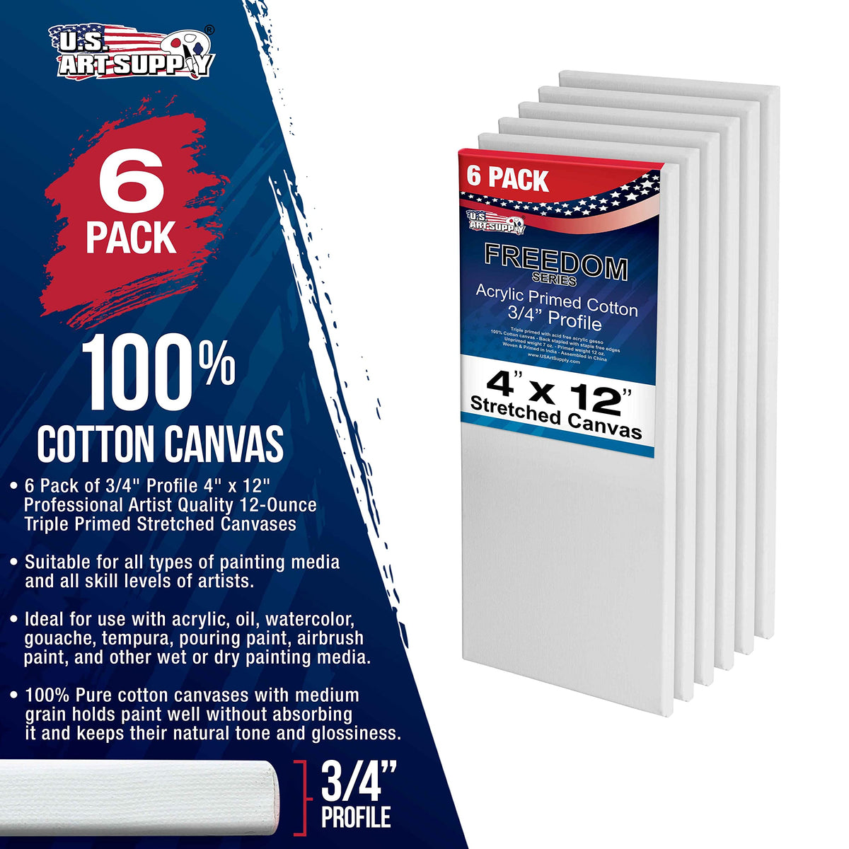 U.S. Art Supply Stretched Canvas, 4x12 in, 6-Pack